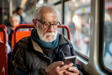 An older gentleman is using a smartphone while seated in a streetcar or tram, appearing to be engaged with the device