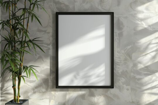 Textured wall backdrop with a blank picture frame and bamboo in sunlight