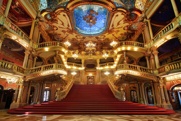 Fototapeta na wymiar The interior of the Gran Teatre del Liceu, a famous opera house in Barcelona, Spain, showcasing its luxurious design and the opulent architecture that characterizes such cultural venues