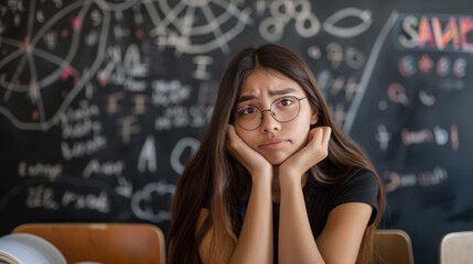 A thoughtful student rests her chin on her hands against a backdrop of complex equations on a chalkboard.