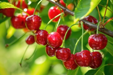 There's a close-up of ripe, red cherries hanging on the branches amongst lush green leaves, indicating a cherry harvest, possibly from an orchard or garden