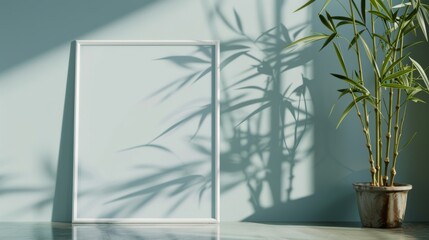Bamboo plant shadows on a blank frame in a modern interior setting with cool tones