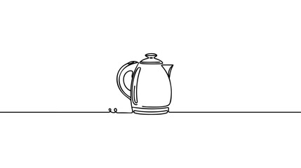 Single continuous line drawing kettle with handle. Camping cooking equipment. Gas stove kettle. Camping kettle. Metal kitchen utensil for tea. one line draw design vector illustration. - obrazy, fototapety, plakaty