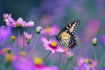 Obraz premium Butterfly flowers. Spring leaf grass. Generate AI