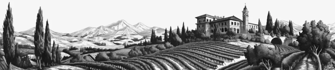 Fotobehang serene Tuscan landscape featuring villa vineyards with mountains in the backdrop sketch engraving generative ai vector illustration. Scratch board imitation. Black and white image. © Oleksandr Pokusai