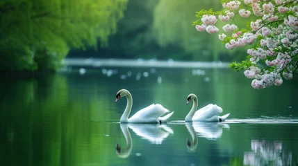 Tuinposter A pair of swans glide gracefully on a tranquil lake surrounded by lush greenery and blooming branches, emanating peace and harmony © mikeosphoto