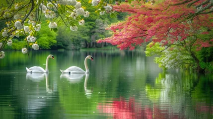 Deurstickers Graceful swans glide under blossoming branches on a calm lake, with vivid spring colors reflecting in the water © mikeosphoto
