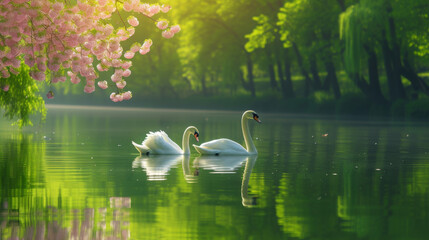 Two swans drift beneath a canopy of pink blossoms on a tranquil green-hued lake bathed in soft sunlight - obrazy, fototapety, plakaty