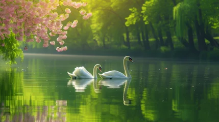 Deurstickers Two swans drift beneath a canopy of pink blossoms on a tranquil green-hued lake bathed in soft sunlight © mikeosphoto