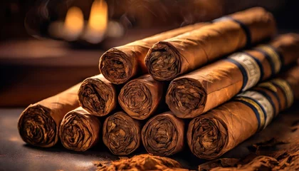 Poster Premium Hand-Rolled Cigars on Traditional Wooden table. A selection of fine hand-rolled tobacco product. © Juri_Tichonow
