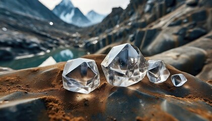 Natural Diamond on rugged terrain, a geological marvel. Clarity amidst chaos, the natural beauty of minerals unveiled - obrazy, fototapety, plakaty