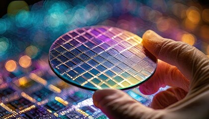 A silicon wafer held carefully over a circuit board. Microchip engineering captured in detail. High technology background.