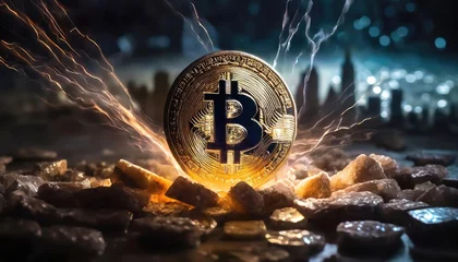 Fotobehang Bitcoin emblem electrified, epitomizing digital currency revolution. Cryptographic asset amidst energetic discharges, finance evolved © Juri_Tichonow
