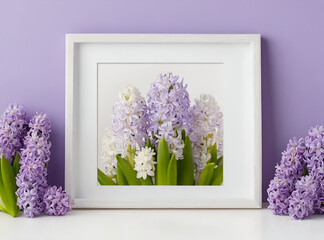 Create high quality images of Hyacinth flowers arranged in a flatlay with vibrant backgrounds white empty framed.