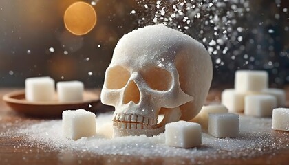 Sugar skull clearly demonstrates the consequences of eating sweets. Conceptual art of sweetness and mortality. - obrazy, fototapety, plakaty