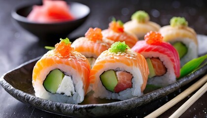 Delicious sushi rolls are artfully presented on a plate. The Japanese dish, adorned with fish and...