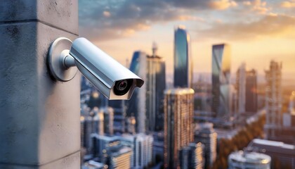 A surveillance camera monitors the urban skyline at sunset. The security device keeps a vigilant eye over the sprawling metropolis.