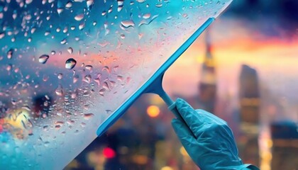 Hand wiping window with cityscape behind. Raindrops and squeegee in focus. Glass cleaning service. - obrazy, fototapety, plakaty