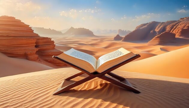 An open Quran on a wooden stand in a desert setting. Book of wisdom alone amidst the vast dunes, under the expansive sky.