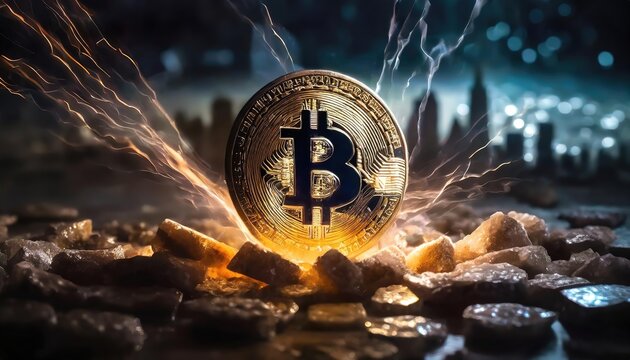 Bitcoin emblem electrified, epitomizing digital currency revolution. Cryptographic asset amidst energetic discharges, finance evolved
