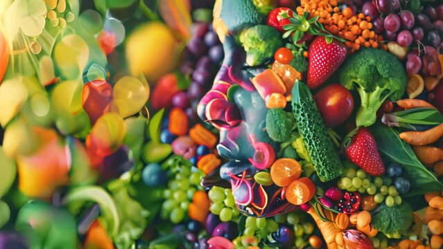 Assorted fresh fruits and vegetables close-up. Healthy eating and nutrition concept with macro shot for design and print
