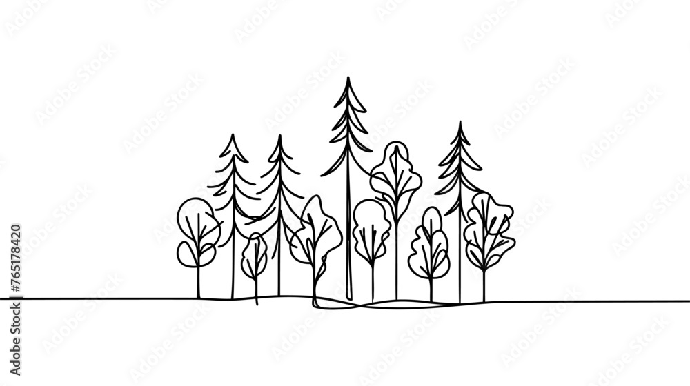 Poster single one line drawing forest concept. continuous line draw design graphic vector illustration.