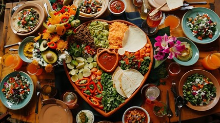 Cinco de Mayo food laid out on a table in the shape of a heart