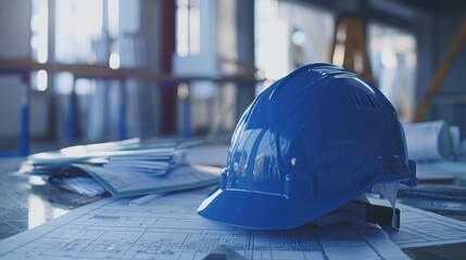 A blue construction helmet on Blueprint Planning Concept. Construction Concept