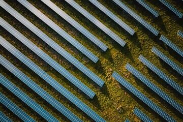 Solar panels aerial view. Top down drone view of sonar panel field