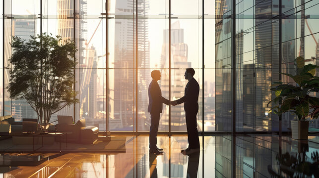Construction job seeker shaking firm hand with his new employer both in professional attire.