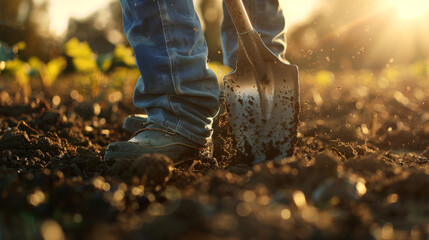 A shovel digs into rich soil with a person in boots standing by during a gardening session.