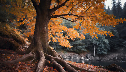 Fototapeta na wymiar Big tree with orange leaves and big roots. Autumn park. Fall season. Beautiful natural scenery. Dark forest