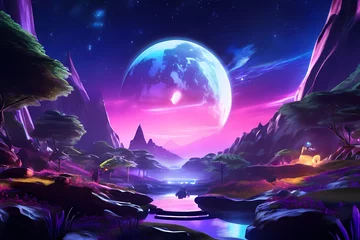 Plaid avec motif Violet landscape with moon and stars