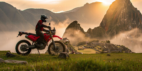 Motorcycle Adventurer Overlooking Machu Picchu at Sunrise - obrazy, fototapety, plakaty