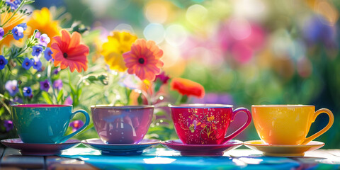 Multi colored empty cups with purple flowers and background. - obrazy, fototapety, plakaty