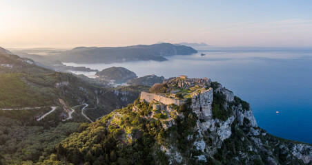 Aerial view of a Byzantine Angelokastro castle on the island of Corfu