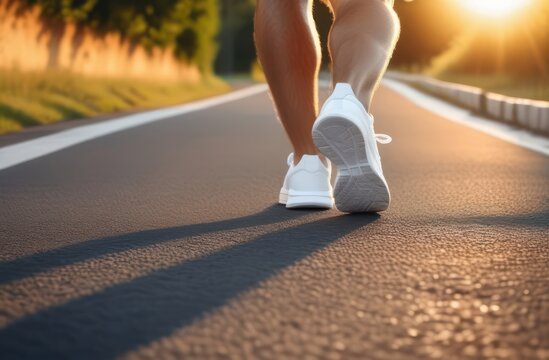 man legs in white sneakers run along an asphalt path in the setting sun, bottom view
