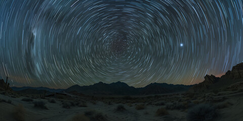 Fototapeta premium Star Trails over Rugged Desert Mountains at Dusk