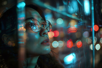 Woman with Neon Light Reflections on Glasses at Night