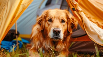 Happy golden retriever dog enjoy camping time, looking out and smiling from a yellow tent on camping area, outdoor, copy space, in countryside rural landscape. - obrazy, fototapety, plakaty