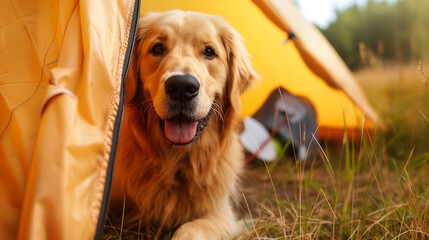 Happy golden retriever dog enjoy camping time, looking out and smiling from a yellow tent on camping area, outdoor, copy space, in countryside rural landscape.
