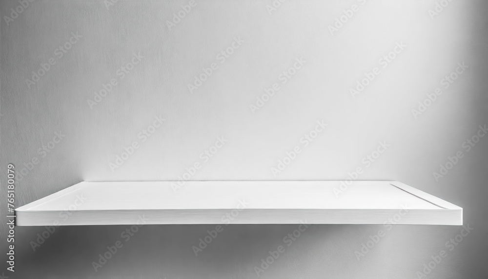 Aufkleber a white shelf with a white wall behind it. the shelf is made of wood with free space as a podium for