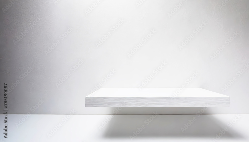 Poster a white shelf with a white wall behind it. the shelf is made of wood with free space as a podium for