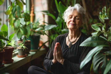 Senior Woman Meditating Peacefully Among Plants