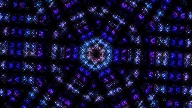 Abstract Kaleidoscope pattern with full colors. Magic mandala. 4k of smooth lines waves glittering light effect on round shape in center, black background 