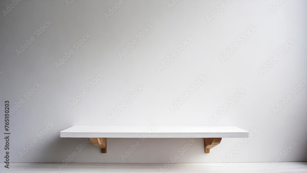Aufkleber a white shelf with a white wall behind it. the shelf is made of wood with free space as a podium for