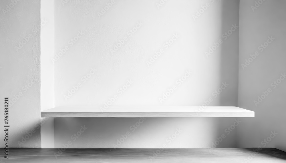 Aufkleber a white shelf with a white wall behind it. the shelf is made of wood with free space as a podium for