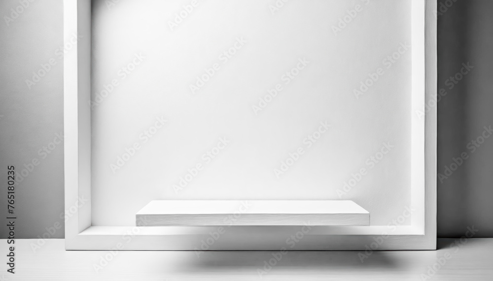 Aufkleber a white shelf with a white wall behind it. the shelf is made of wood with free space as a podium for