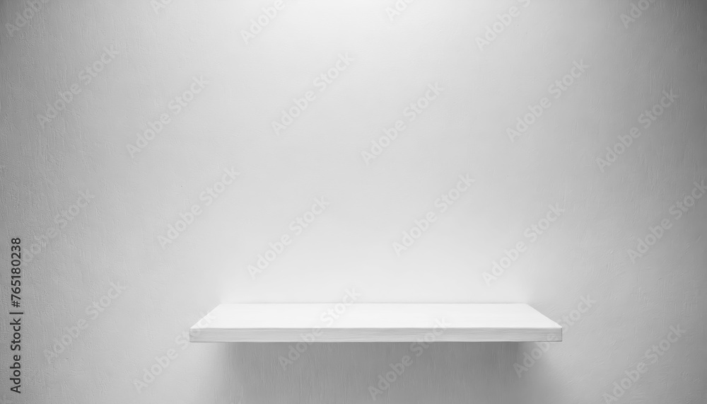 Poster a white shelf with a white wall behind it. the shelf is made of wood with free space as a podium for