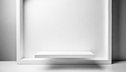 A white shelf with a white wall behind it. The shelf is made of wood with free space as a podium for product presentation